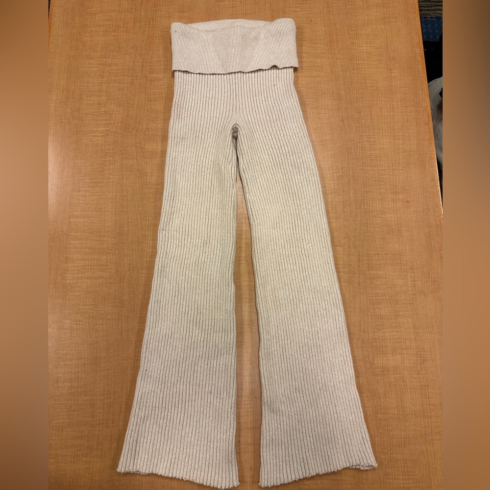 Cream Ribbed Knit Flare Pants